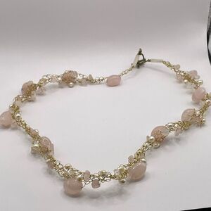 Vintage Rose Quartz and Faux Pearls Goldtone Wire Necklace Costume Jewelry 23” L